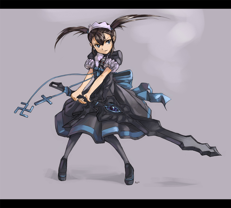 1girl, cross, dress, letterboxed, nellen, solo, swastika, sword