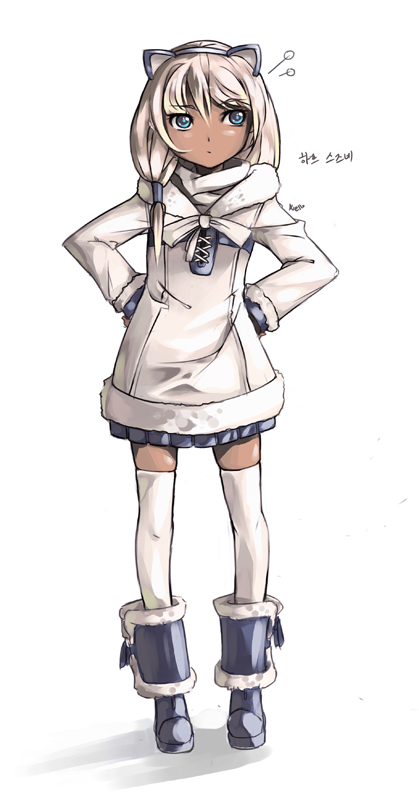 1girl, animal_ears, fake_animal_ears, hands_on_hips, nellen, simple_background, solo, translation_request