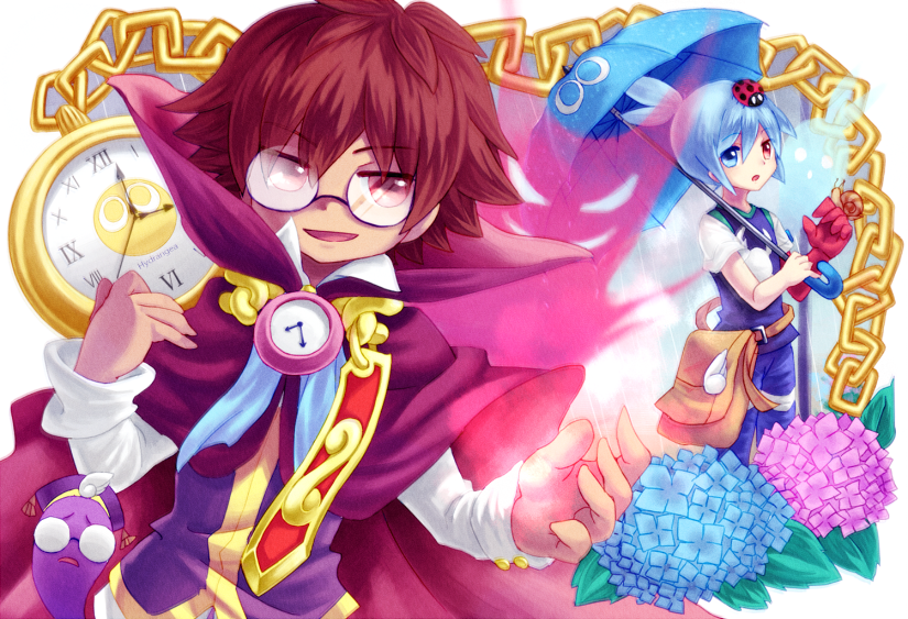 2boys, ahoge, bag, blue_eyes, blue_hair, cape, chain, clock