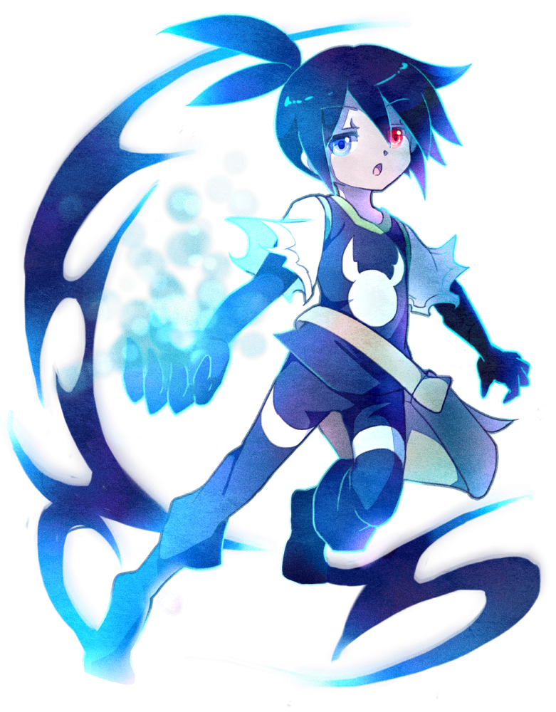 1boy, ahoge, bag, black_hair, black_sig, blue_eyes, heterochromia, magic