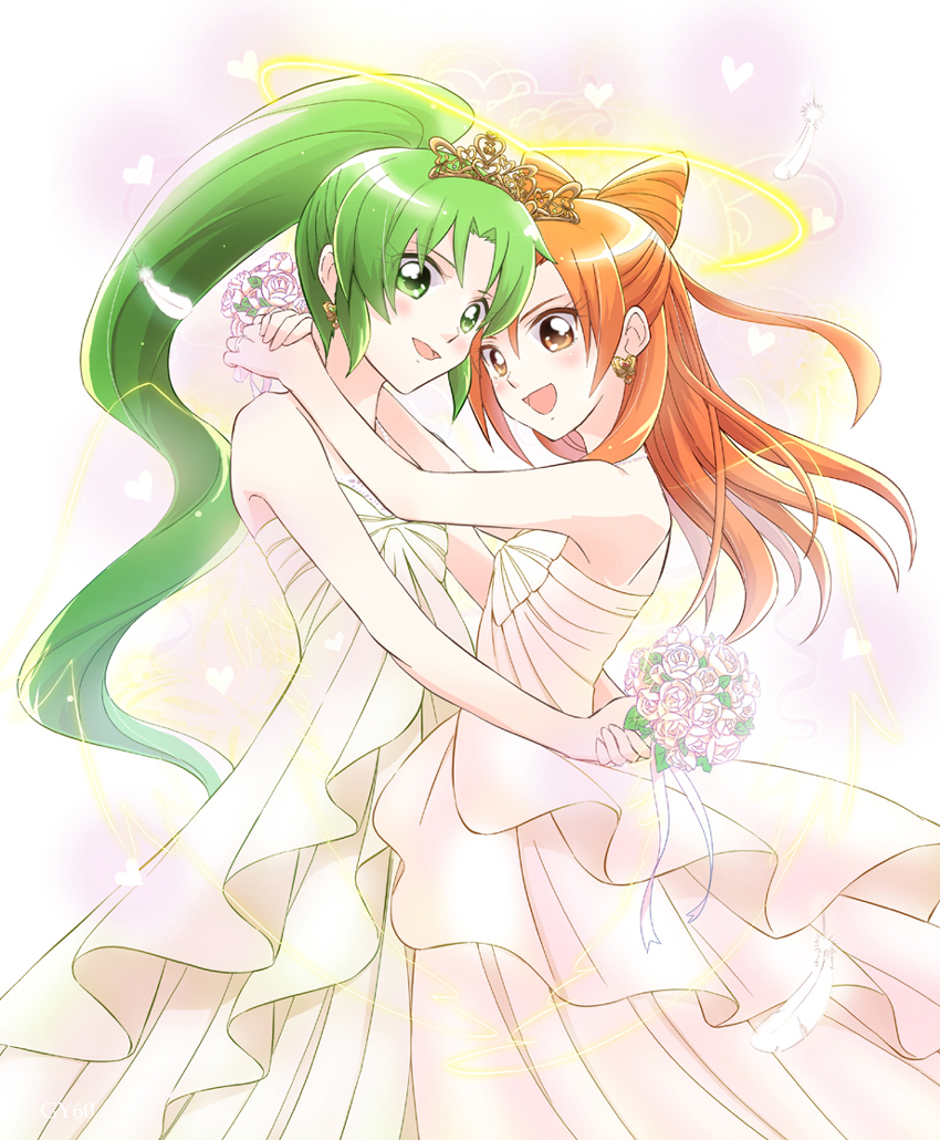 2girls, arms_around_neck, arms_around_waist, bare_shoulders, blush, bride, couple, cure_march