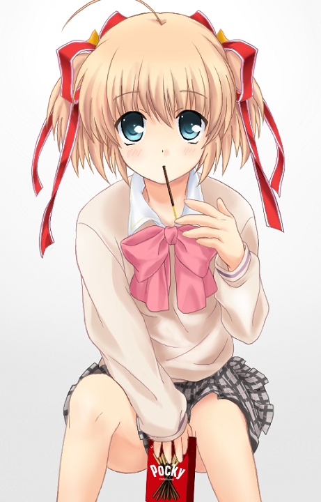 1girl, blonde_hair, green_eyes, kamikita_komari, little_busters!!, long_hair, ogakuzu_(ogkzzz), pocky, school_uniform, short_hair, sitting