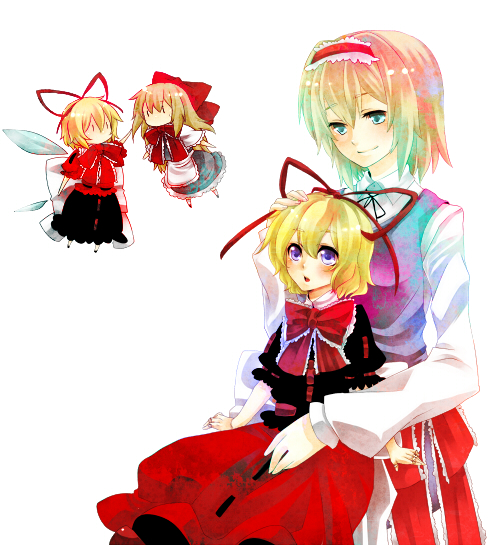 2girls, 4girls, alice_margatroid, apron, bad_id, blonde_hair, blue_eyes, blush