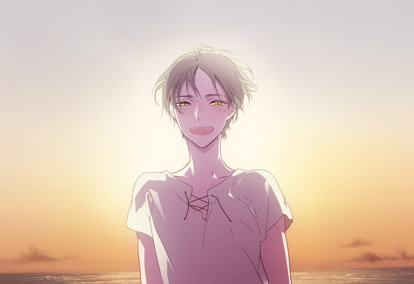 1boy, alternate_eye_color, backlighting, black_hair, eren_jaeger, looking_at_viewer, male, ocean, ohagitan, shingeki_no_kyojin, short_hair, sky, smile, solo, sunset, yellow_eyes