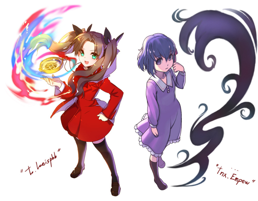 2girls, aqua_eyes, black_hair, brown_hair, child, collaboration, compass, dress