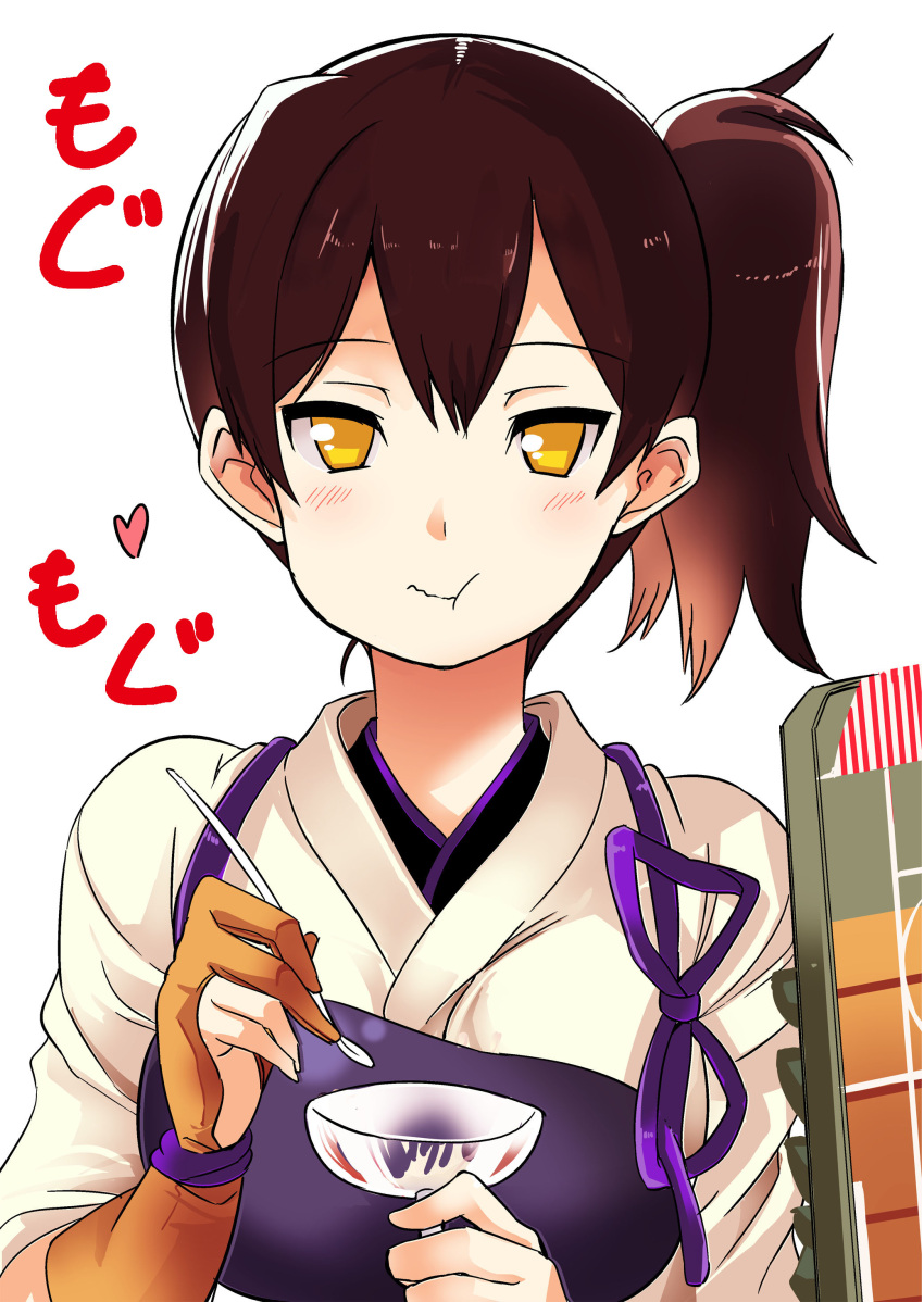 1girl, absurdres, archery, armor, blush, brown_eyes, brown_hair, eating