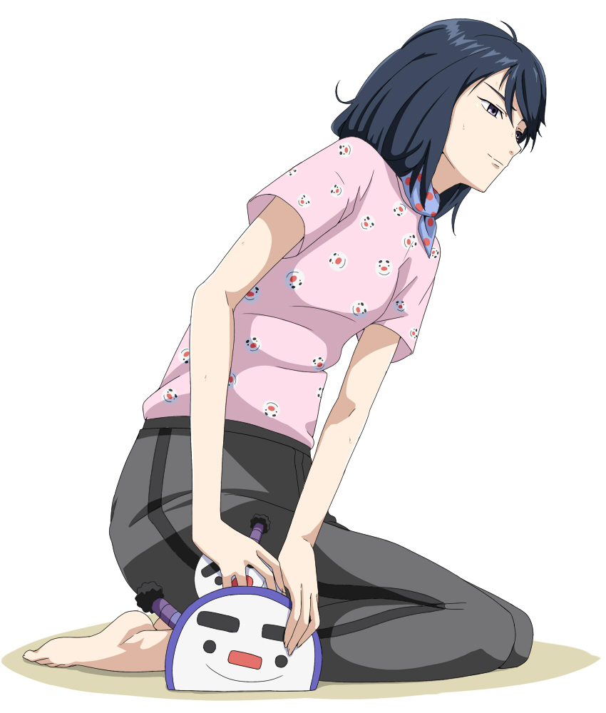1girl, barefoot, black_hair, chihayafuru, pants, ribonzu, scarf, short_hair