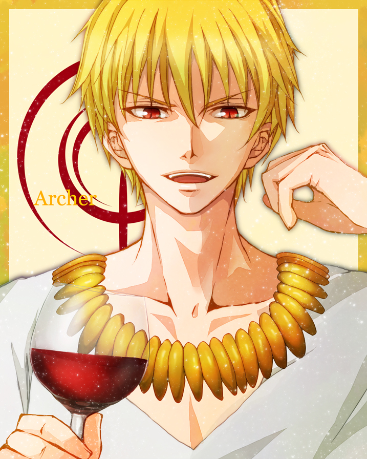 1boy, blonde_hair, command_spell, cup, fate/zero, fate_(series), gilgamesh, jewelry
