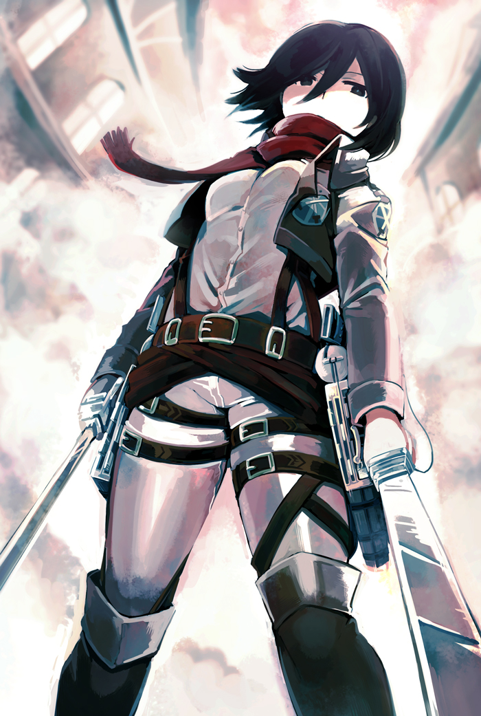 1girl, belt, black_eyes, black_hair, boots, brown_eyes, dual_wielding, from_below