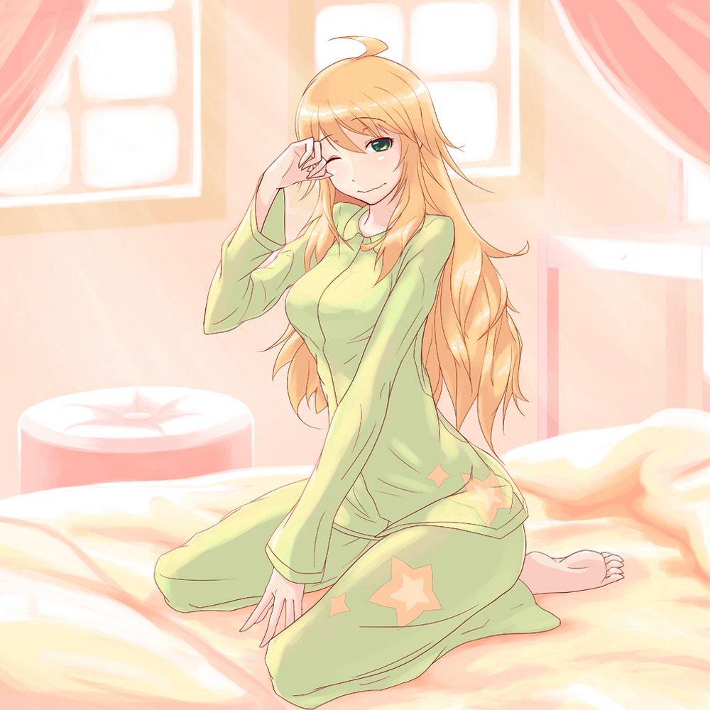 1girl, ahoge, barefoot, bed, blonde_hair, feet, green_eyes, hinotori, hoshii_miki, idolmaster, long_hair, looking_at_viewer, pajamas, rubbing_eyes, sleepy, soles, solo, star_print, sunbeam, sunlight, toes, waking_up, wavy_mouth, window, wink