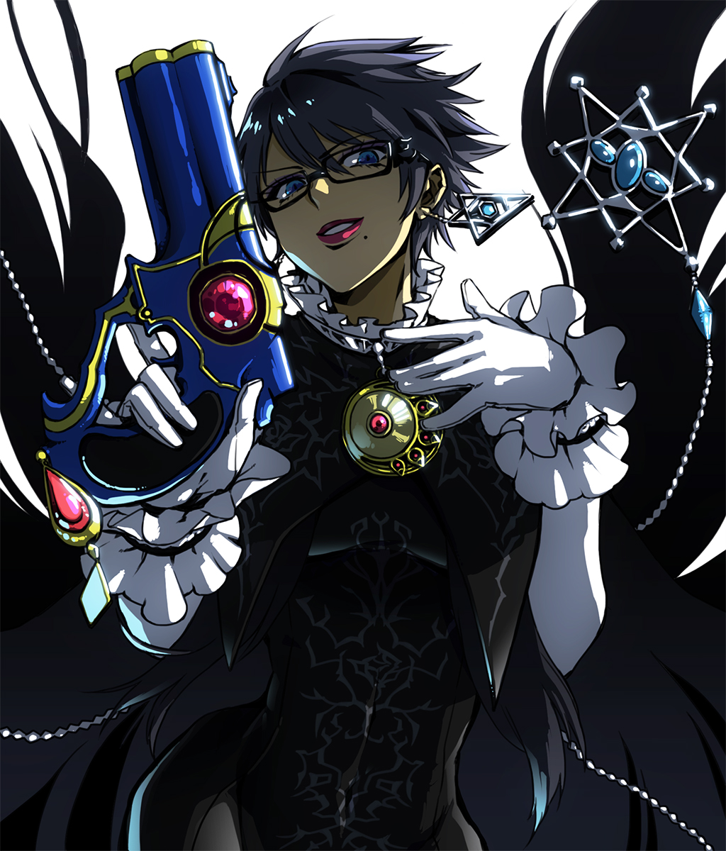 1girl, alternate_hair_length, alternate_hairstyle, amulet, bayonetta, bayonetta_(character), bayonetta_2, black_hair, blue_eyes, bodysuit, earrings, elbow_gloves, eyelashes, glasses, gloves, gun, handgun, highres, jewelry, lips, lipstick, makeup, mole, short_hair, smile, solo, trigger_discipline, weapon, white_gloves, zeo