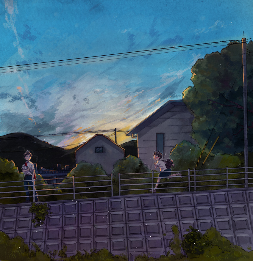 1boy, 1girl, bag, blush, brown_hair, clouds, dusk, grass
