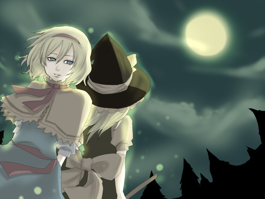 alice_margatroid, aqua_eyes, arms_behind_back, back-to-back, back_to_back, belt, blonde_hair, blue_dress, blue_eyes, bow, capelet, cloud, clouds, dress, empty_eyes, fisheye, forest, full_moon, green, hairband, hat, hat_ribbon, highres, jukka, kirisame_marisa, long_hair, moon, multiple_girls, nature, necktie, night, night_sky, pine_tree, ribbon, sash, short_hair, short_sleeves, sky, touhou, tree, wind, witch_hat