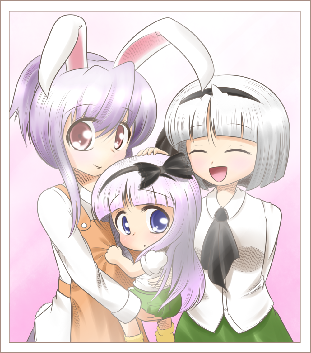 3girls, animal_ears, blue_eyes, closed_eyes, hairband, hinate, if_they_mated, konpaku_youmu
