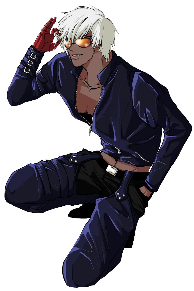 1boy, dark_skin, highres, jds0326, k', king_of_fighters, single_glove, solo, sunglasses, white_hair