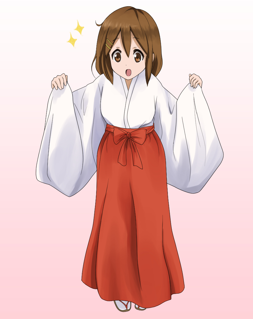 1girl, brown_eyes, brown_hair, hirasawa_yui, japanese_clothes, k-on!, miko, shizupu
