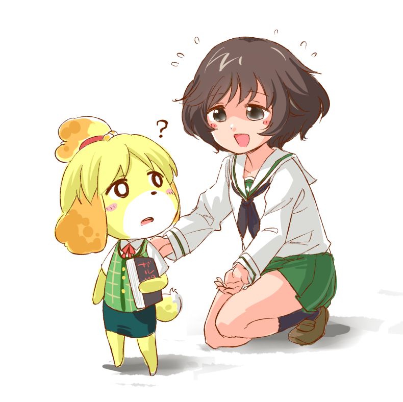 1girl, 1other, abekawa, actas_(studio), akiyama_yukari, animal, animal_crossing, animal_crossing:_new_leaf
