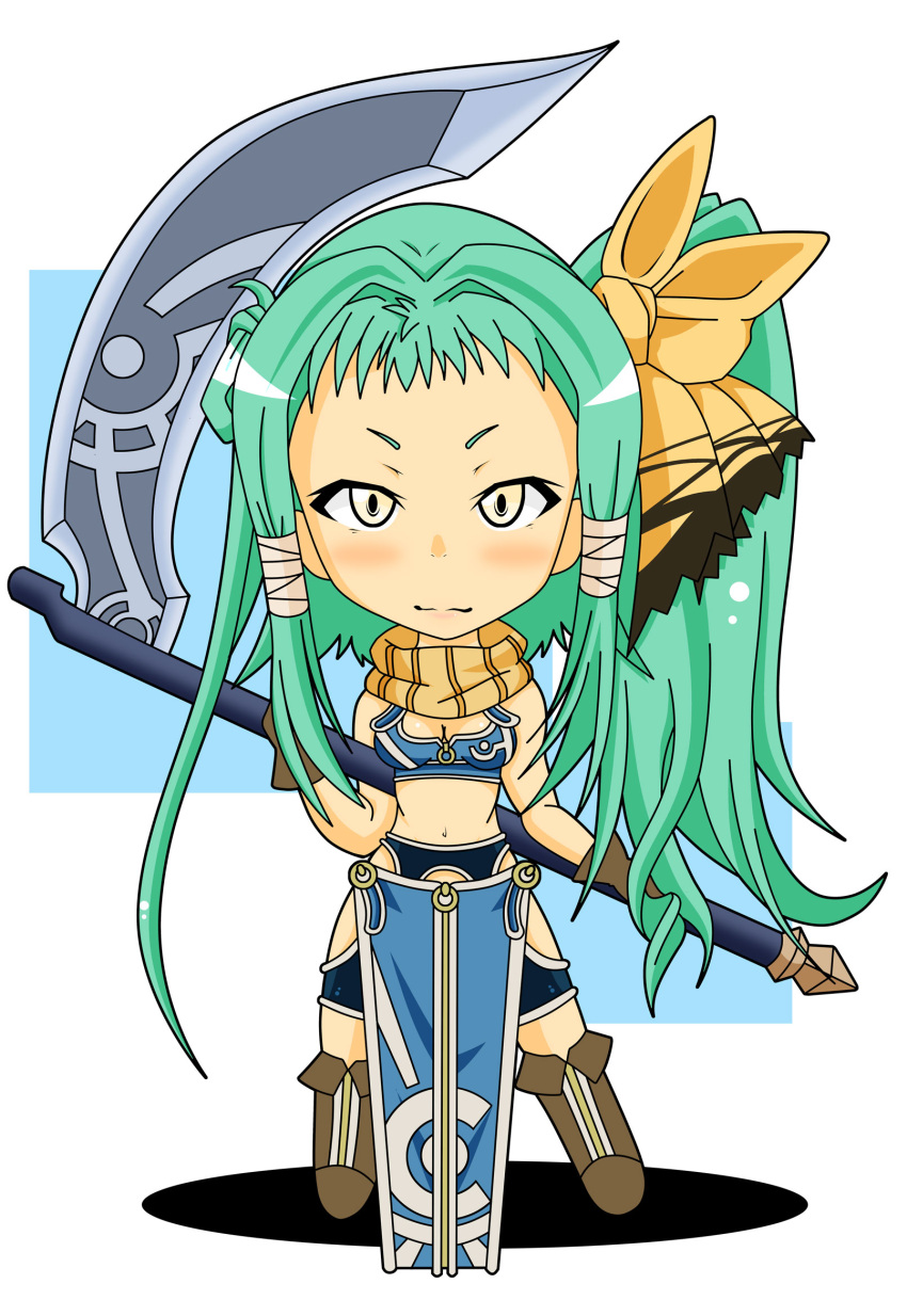 1girl, blazing_souls, boots, bow, breasts, carla_(blazing_souls), chibi, cleavage