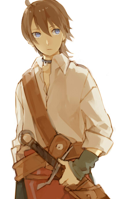 1boy, ahoge, belt, blue_eyes, brown_hair, choker, expressionless, fingerless_gloves