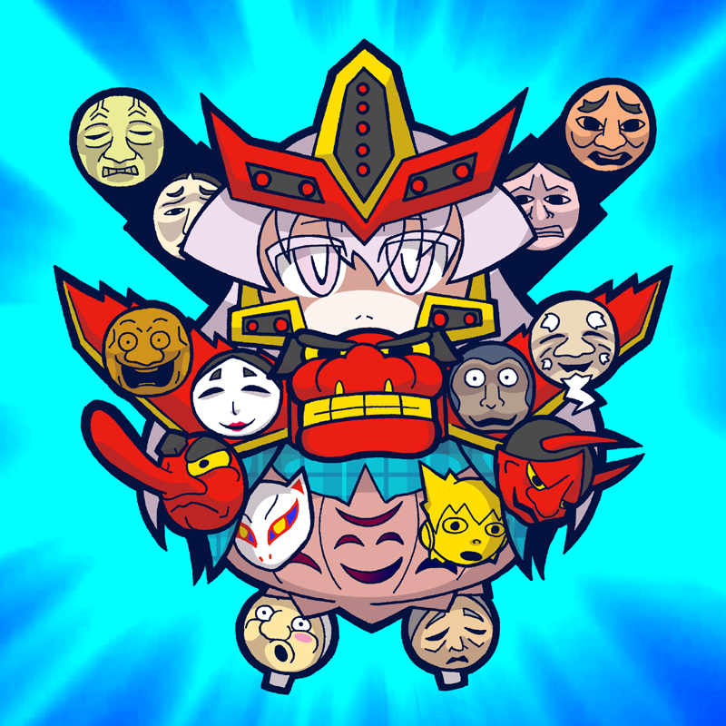 1girl, bubble_skirt, expressionless, fox_mask, gosei_great, hannya, hata_no_kokoro, long_hair, long_sleeves, manoji_honpo, mask, monkey_mask, noh_mask, oni_mask, parody, pink_eyes, pink_hair, shirt, skirt, solo, tagme, tengu_mask, tensou_sentai_goseiger, touhou, toyosatomimi_no_miko, very_long_hair