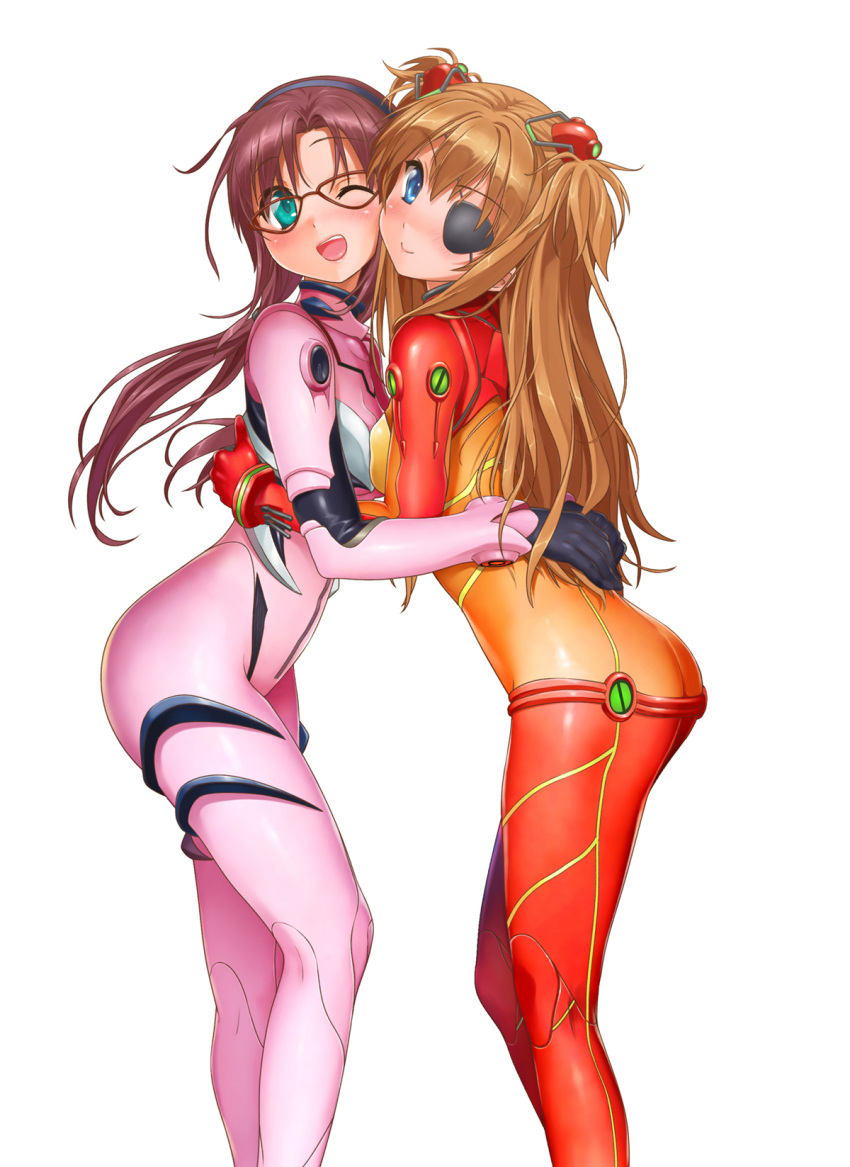 2girls, :>, :d, blue_eyes, blush, bodysuit, breast_press, brown_hair