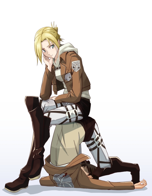 1boy, 1girl, annie_leonhardt, blonde_hair, blue_eyes, boots, chin_rest, crossed_legs