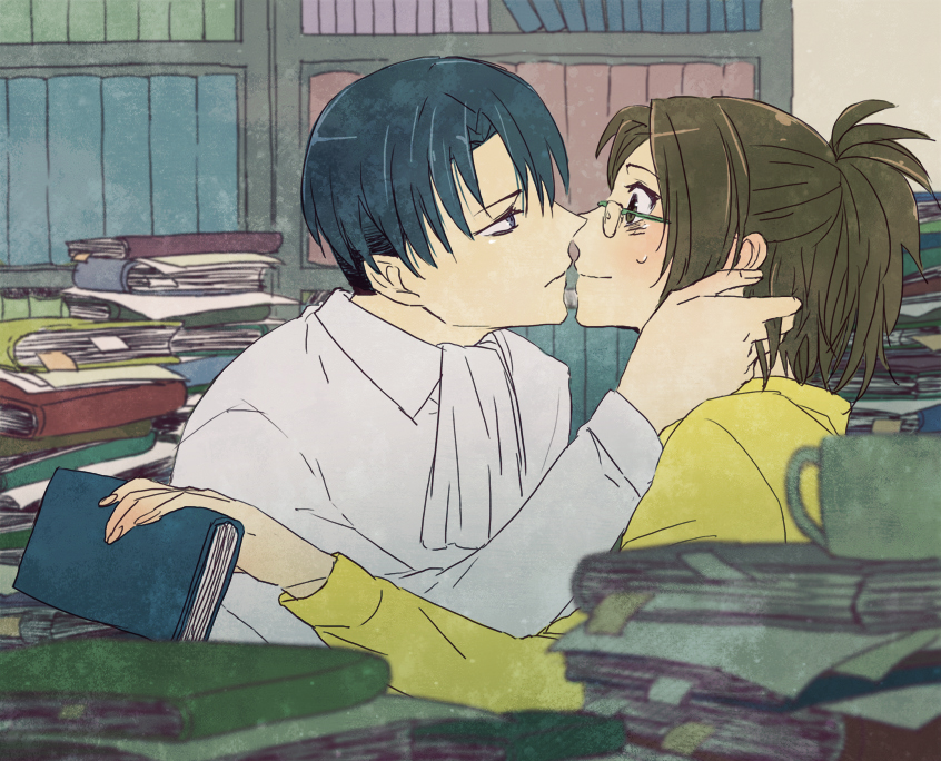 1boy, 1girl, ascot, blurry, blush, book, bookshelf, cup