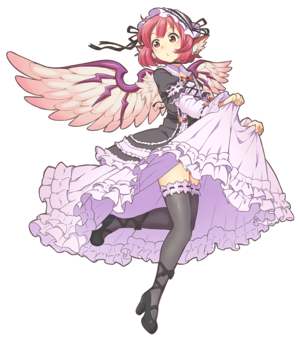 1girl, adapted_costume, animal_ears, black_legwear, brown_eyes, hat, jewelry, miyaji, mystia_lorelei, pink_hair, ribbon, short_hair, single_earring, skirt_hold, solo, thighhighs, touhou, wings