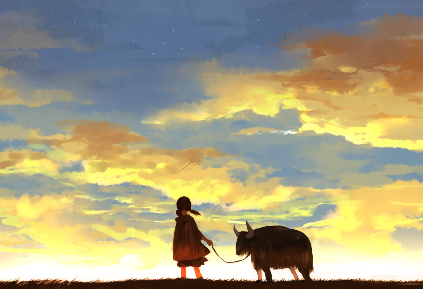 1girl, back, cloudy_sky, grass, highres, kyouichi, leash, original