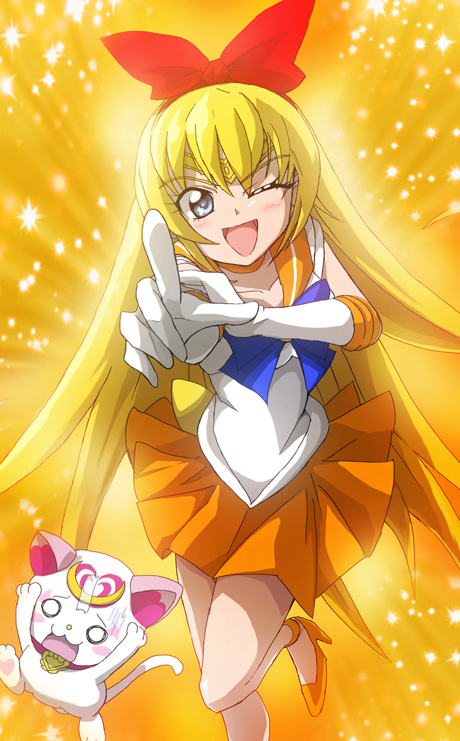 1girl, :d, bishoujo_senshi_sailor_moon, blonde_hair, blue_eyes, blush, cat, cosplay, dokidoki!_precure, futa-futa, hummy_(suite_precure), long_hair, open_mouth, pointing, precure, red_ribbon, regina_(dokidoki!_precure), ribbon, sailor_venus, sailor_venus_(cosplay), smile, solo, suite_precure, wink