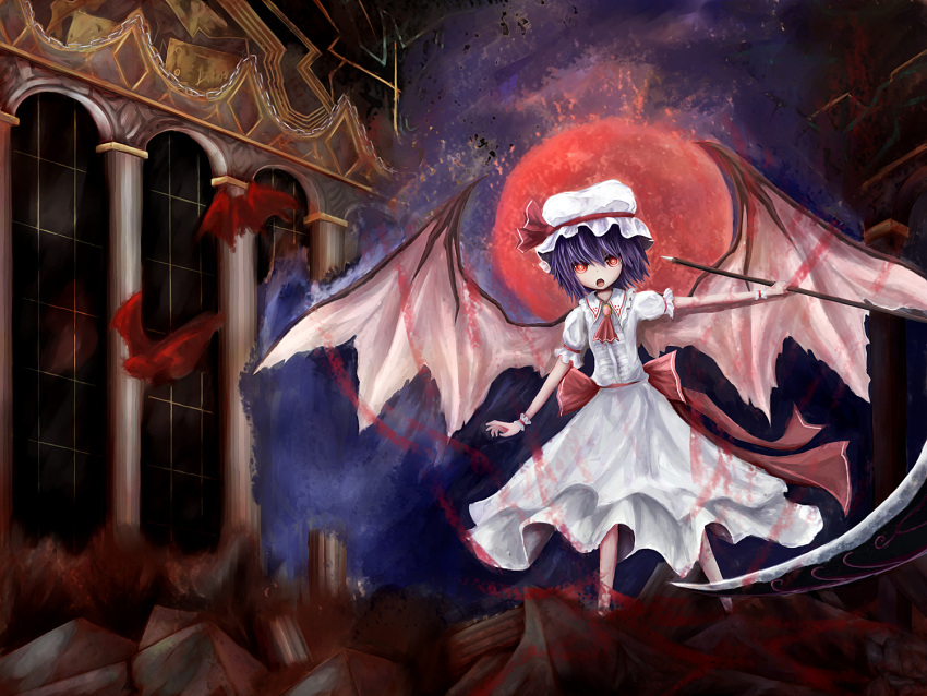 bat_wings, chain, hat, moon, purple_hair, red_eyes, red_moon, remilia_scarlet