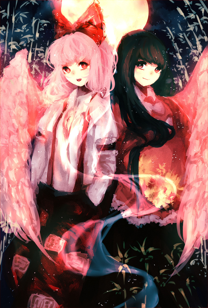 2girls, :d, absurdres, fujiwara_no_mokou, full_moon, gengentan, hair_ribbon, hands_in_pockets, highres, houraisan_kaguya, long_hair, moon, multiple_girls, night, open_mouth, red_eyes, ribbon, smile, touhou, wings
