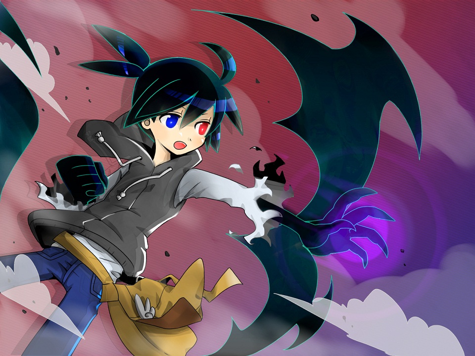 1boy, ahoge, bag, black_hair, black_sig, blue_eyes, dutch_angle, heterochromia