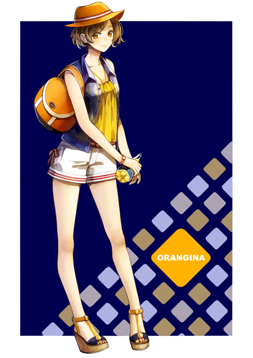 1girl, bag, bare_legs, bottle, brown_hair, food_themed_clothes, hachijou_asa, handbag