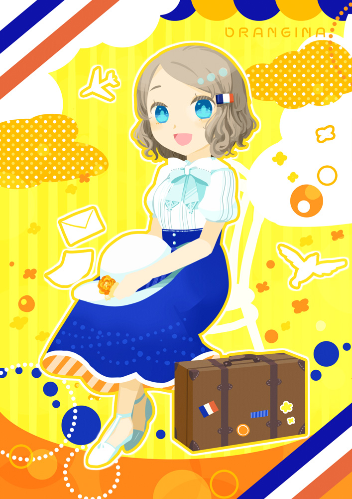 1girl, blue_eyes, brown_hair, happy, hat, ribbon, shifumi, shoes