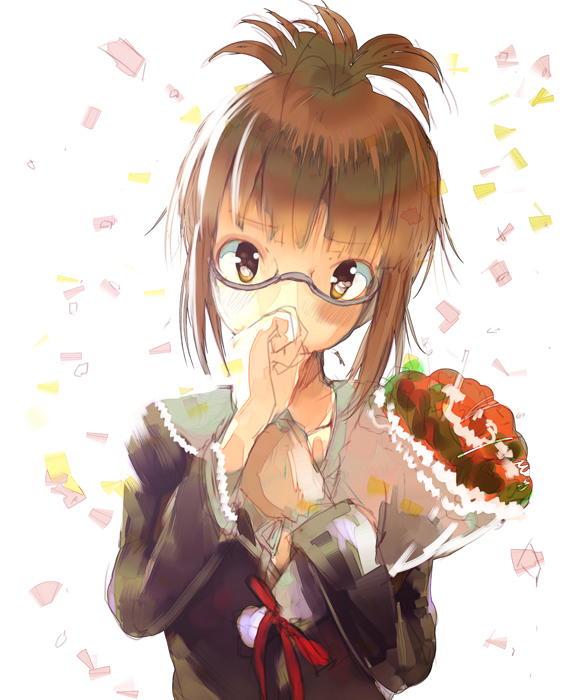 1girl, akizuki_ritsuko, bouquet, brown_eyes, brown_hair, flower, glasses, idolmaster