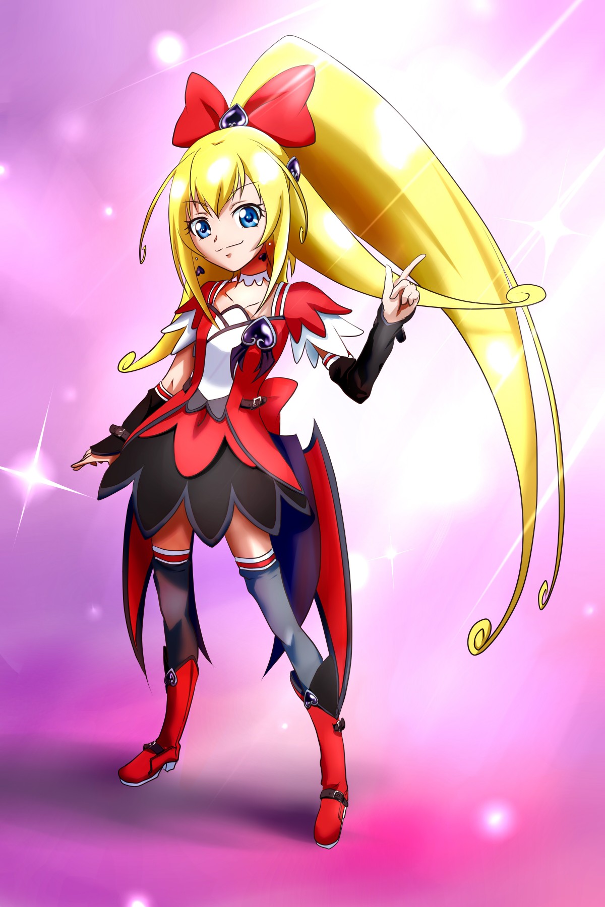 1girl, alternate_costume, alternate_hairstyle, arm_warmers, belt, blonde_hair, blue_eyes, boots