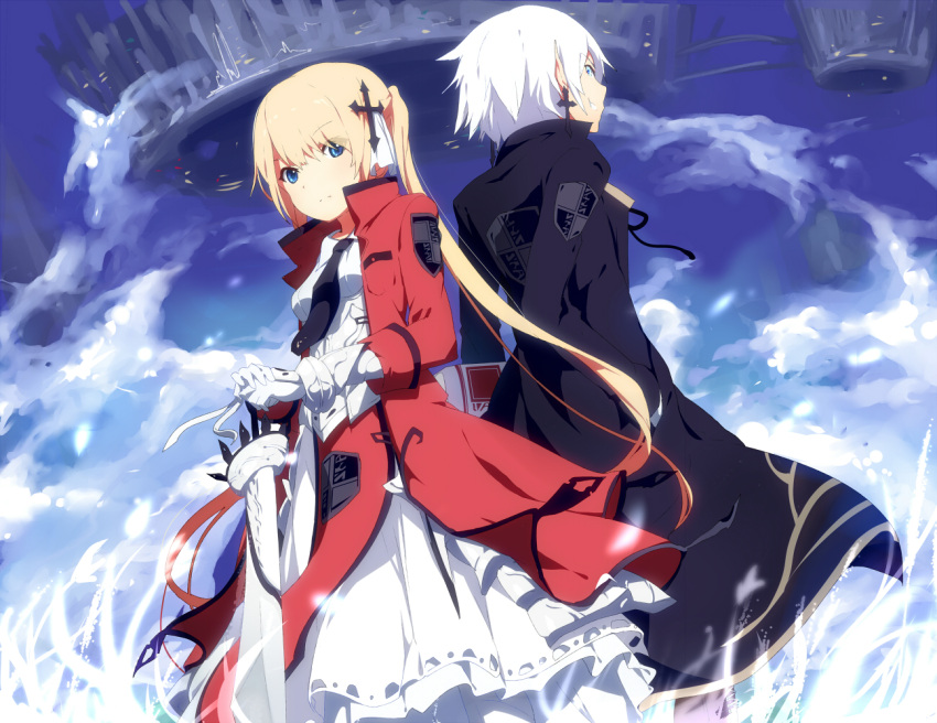 2girls, back-to-back, blonde_hair, blue_eyes, blue_sky, clouds, coat, cross, dress, earrings, floating_city, gloves, grass, grin, hands_in_pockets, jewelry, layered_dress, long_hair, long_sleeves, looking_at_viewer, multiple_girls, necktie, ogipote, original, red_dress, sky, smile, sword, twintails, very_long_hair, weapon, white_dress, white_gloves