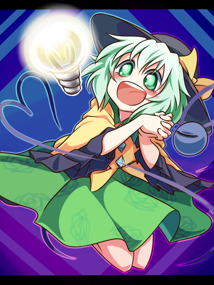 1girl, blush, dress, floral_print, green_eyes, green_hair, hands_clasped, hat, komeiji_koishi, letterboxed, lightbulb, monopollyan, smile, solo, third_eye, touhou