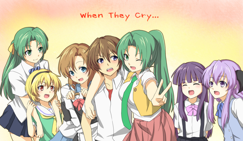 1boy, 6+girls, arm_around_shoulder, arms_behind_back, blonde_hair, blue_eyes, blush, bowtie