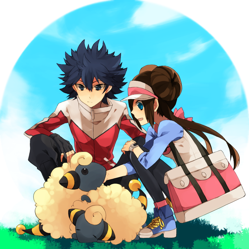 1boy, 1girl, black_eyes, black_hair, black_legwear, blue_eyes, blue_sky, bow