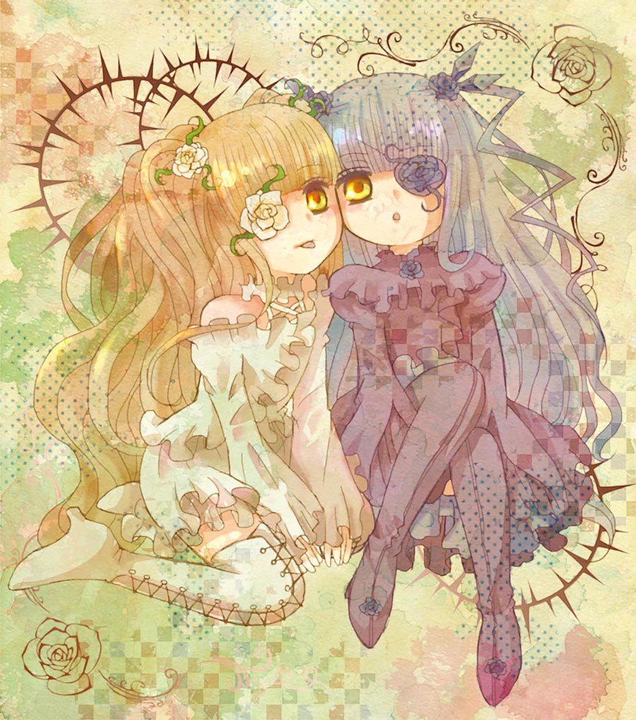 2girls, amber_eyes, barasuishou, boots, cross-laced_footwear, curly_hair, dress, eyepatch, flower, high_heels, kirakishou, lace-up_boots, long_hair, multiple_girls, neen, open_mouth, purple_dress, rose, rozen_maiden, rozen_maiden_traumend, shoes, sitting, thorns, tongue, tongue_out, twintails, very_long_hair, white_dress
