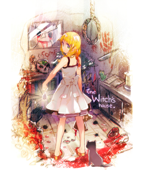 1girl, animal, apron, bangs, black_cat, blonde_hair, blood, book