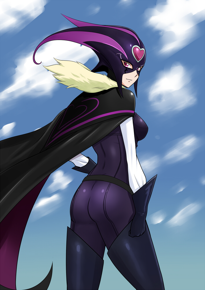 1girl, ass, bakusai, bodysuit, boots, clenched_hand, cure_muse_(black), gloves, hand_on_hip, helmet, looking_back, mask, precure, shirabe_ako, sky, solo, suite_precure, thigh-highs, thigh_boots