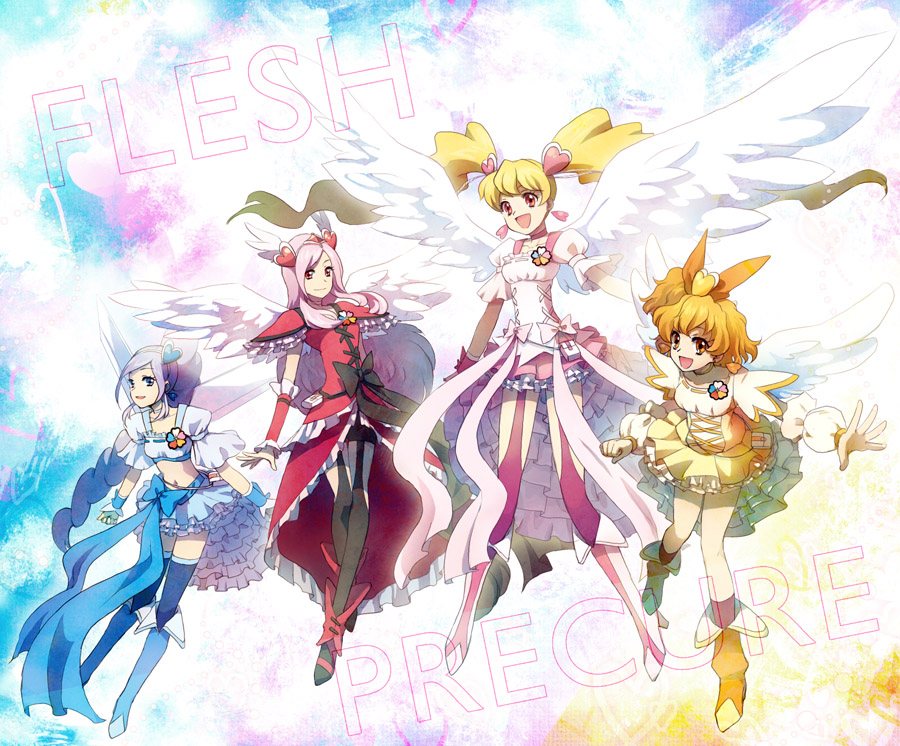 4girls, alternate_legwear, angel_wings, aono_miki, blonde_hair, boots, copyright_name, cure_angel