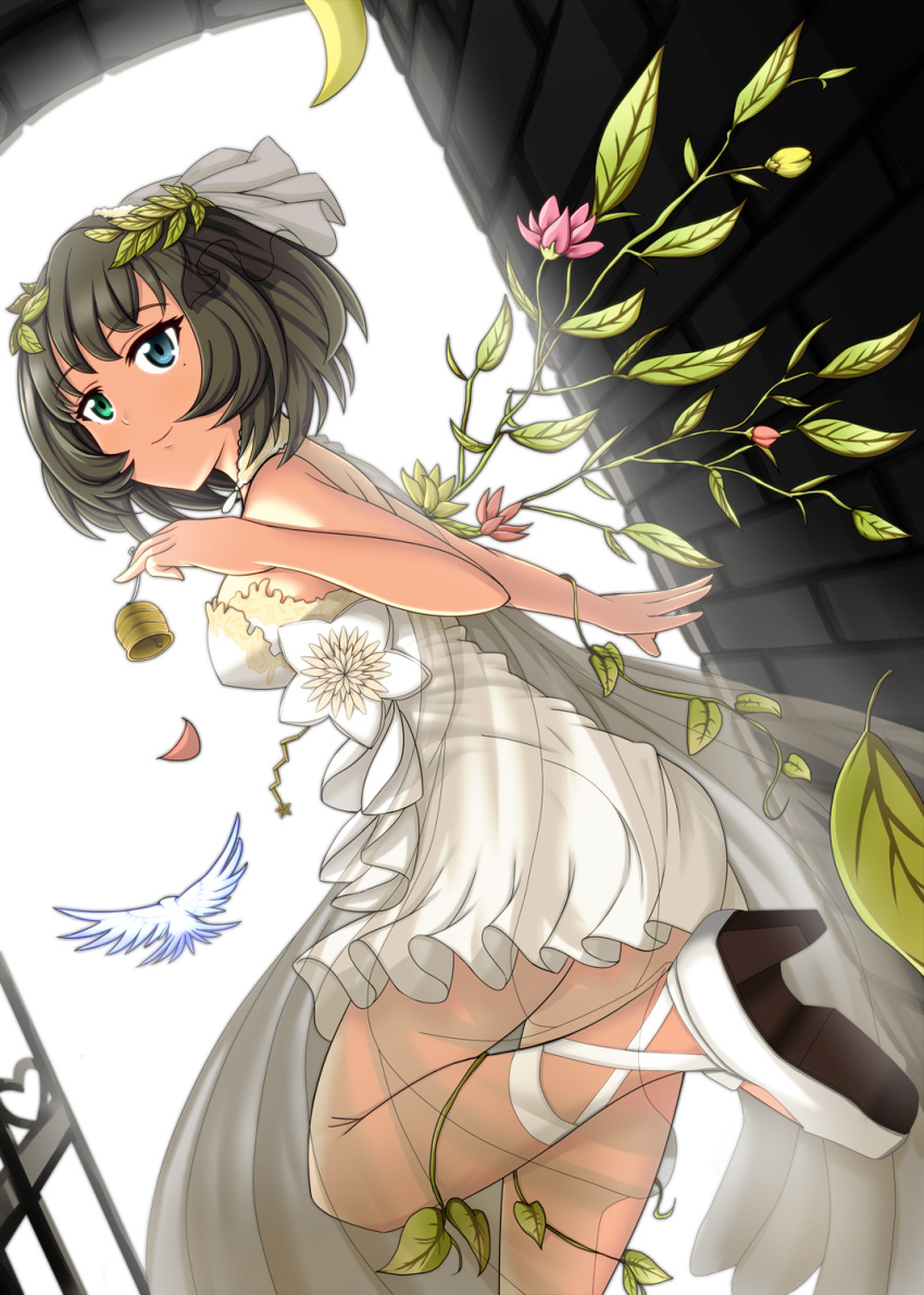 1girl, bare_shoulders, bell, bird, blue_eyes, cape, flower, gate