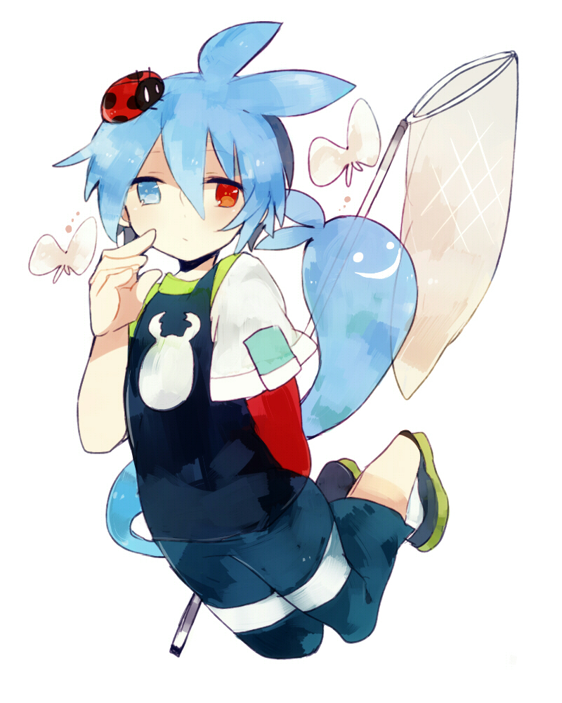 1boy, ahoge, arm_behind_back, blue_eyes, blue_hair, capri_pants, heterochromia, jumping