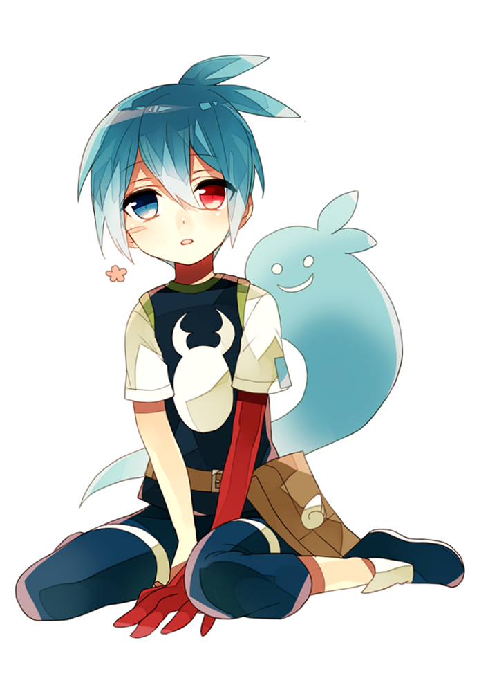 1boy, ahoge, bag, blue_hair, capri_pants, ghost, hazuki_mizuho, heterochromia