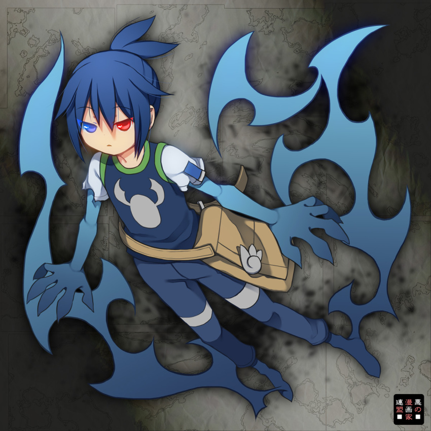1boy, ahoge, bag, black_hair, black_sig, blue_eyes, capri_pants, expressionless