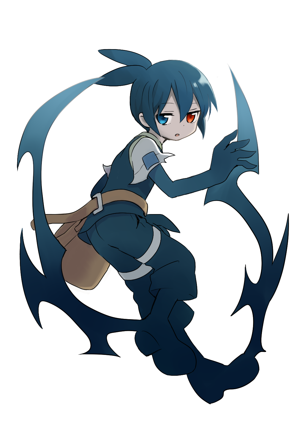 1boy, ahoge, akakokko, bag, black_hair, black_sig, blue_eyes, heterochromia